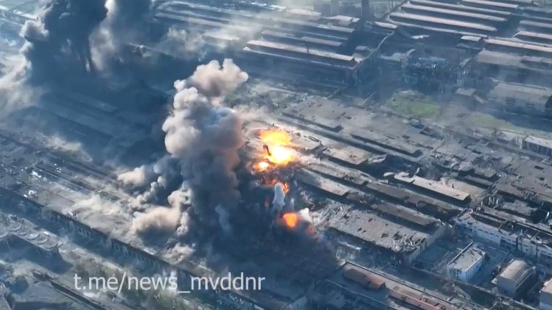 This undated video grab taken from a handout footage published on May 4, 2022 by the Interior Ministry of the self-proclaimed Donetsk People's Republic (DNR) on Telegram appear to show explosions at Mariupol's Azovstal steel plant. (AFP)