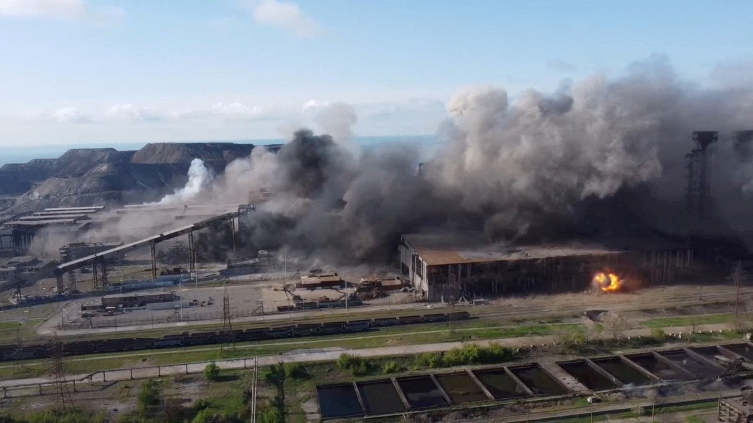 An aerial view shows shelling in the Azovstal steel plant complex, amid Russia's invasion of Ukraine, in Mariupol, Ukraine, in this screen grab taken from a handout video released on May 5, 2022. (File photo: Reuters)
