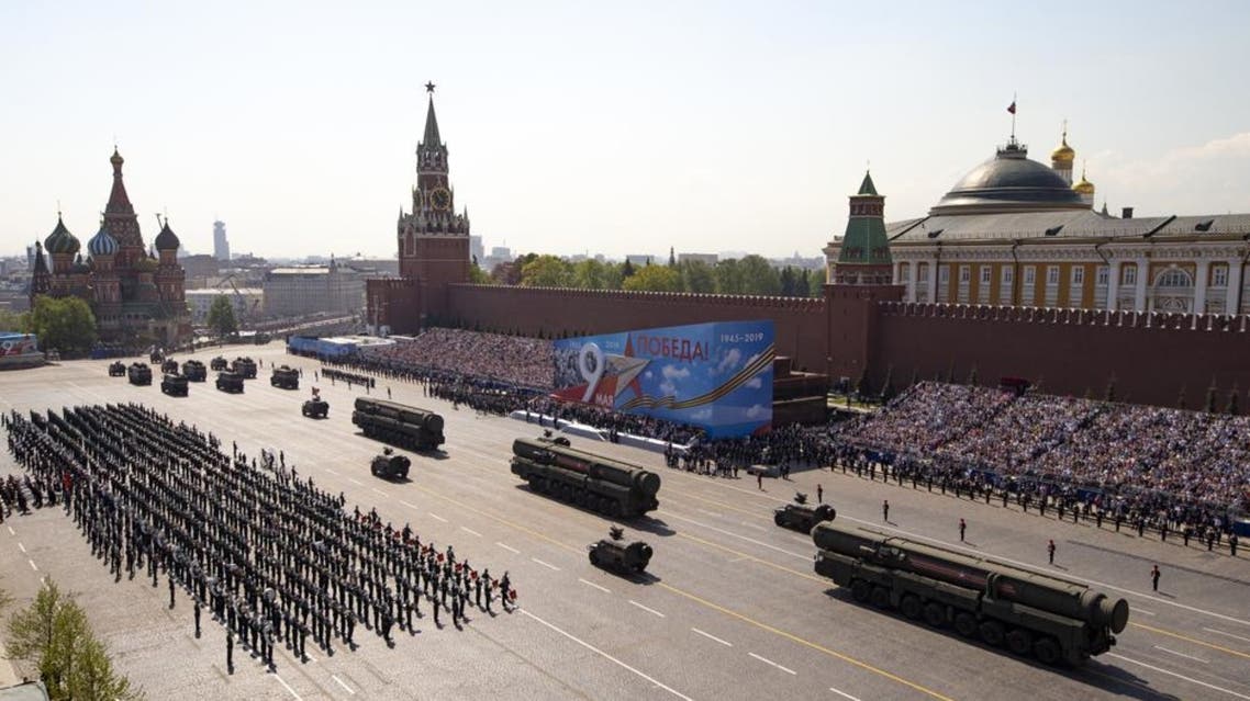 Russian military vehicles roll down Red Square Red Square during a rehearsal for the Victory Day military parade in Moscow, Russia, on May 7, 2019. (AP)