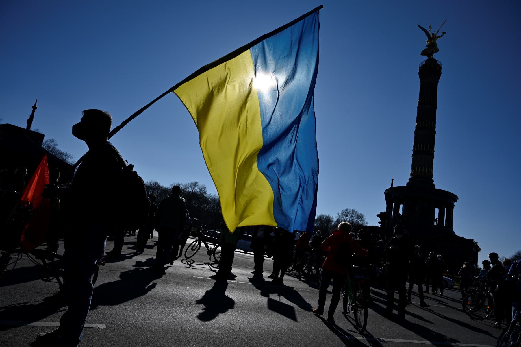 The Ukrainian flag was raised at a demonstration in Berlin last March to condemn the Russian military operation