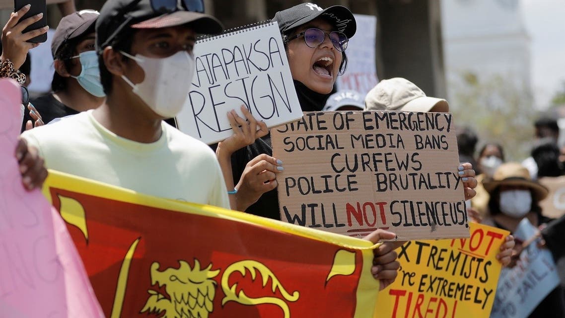 People shout slogans against Sri Lanka’s President Gotabaya Rajapaksa and demand that Rajapaksa family politicians step down, during a protest amid the country’s economic crisis, at Independence Square in Colombo, Sri Lanka, on April 4, 2022. (Reuters)