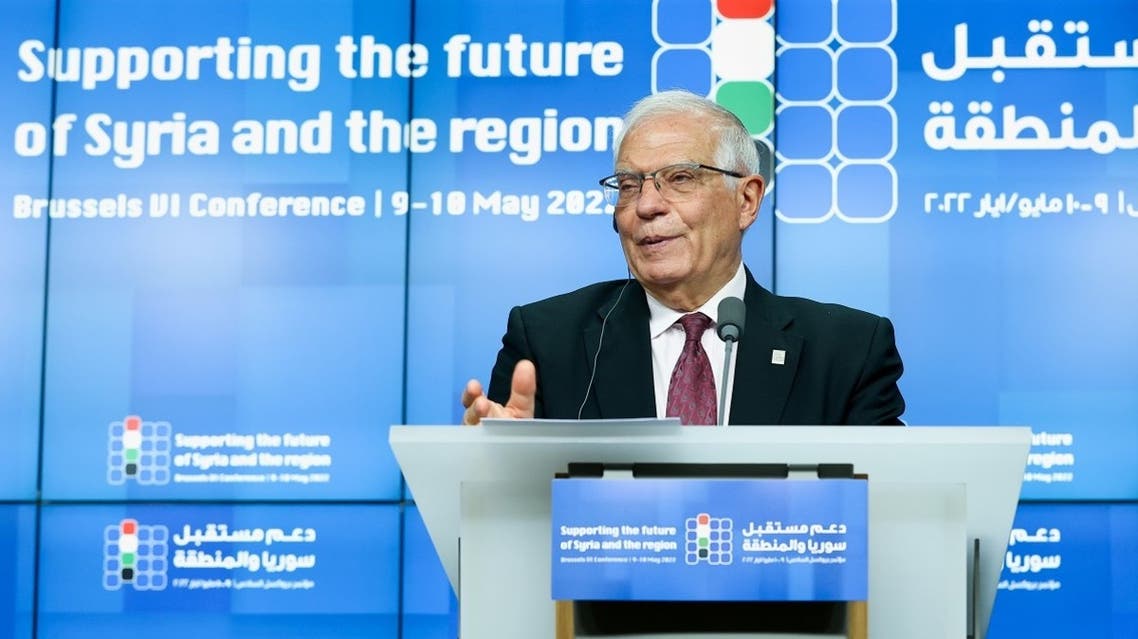 European Commission vice-president in charge for High-Representative of the Union for Foreign Policy and Security Policy Josep Borrell speaks during a press conference on the sidelines of the Sixth Brussels Conference on “Supporting the future of Syria and the region” at the European Council in Brussels on May 10, 2022. (AFP)