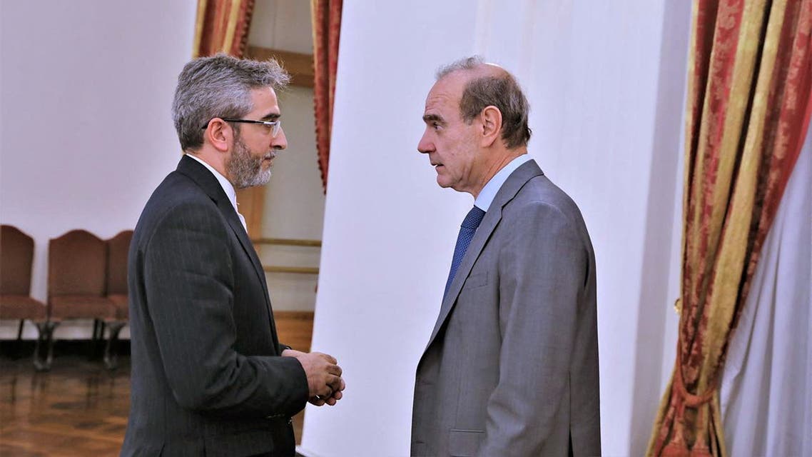 Iran's Deputy Foreign Minister and Chief Nuclear Negotiator Ali Bagheri Kani meets with Deputy Secretary General of the European External Action Service (EEAS), Enrique Mora, in Tehran, Iran, May 11, 2022. Iran's Foreign Ministry/ WANA (West Asia News Agency) via REUTERS ATTENTION EDITORS - THIS IMAGE HAS BEEN SUPPLIED BY A THIRD PARTY.