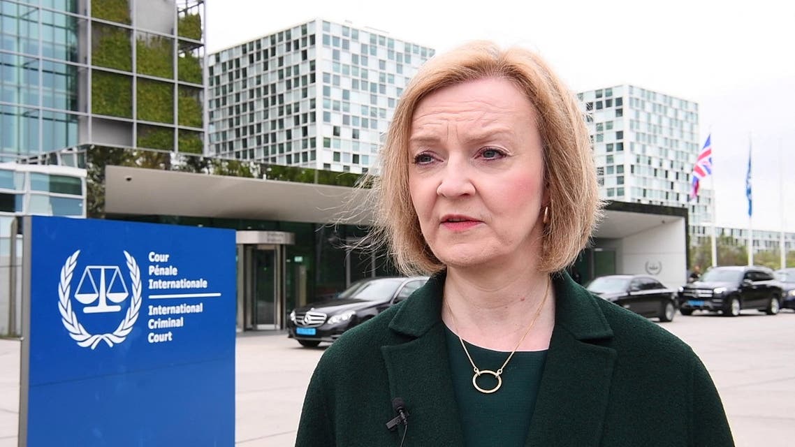British Foreign Minister Liz Truss speaks during an interview with Reuters after visiting the International Criminal Court in The Hague, Netherlands in this screen grab taken from a video April 29, 2022. (File photo: Reuters)