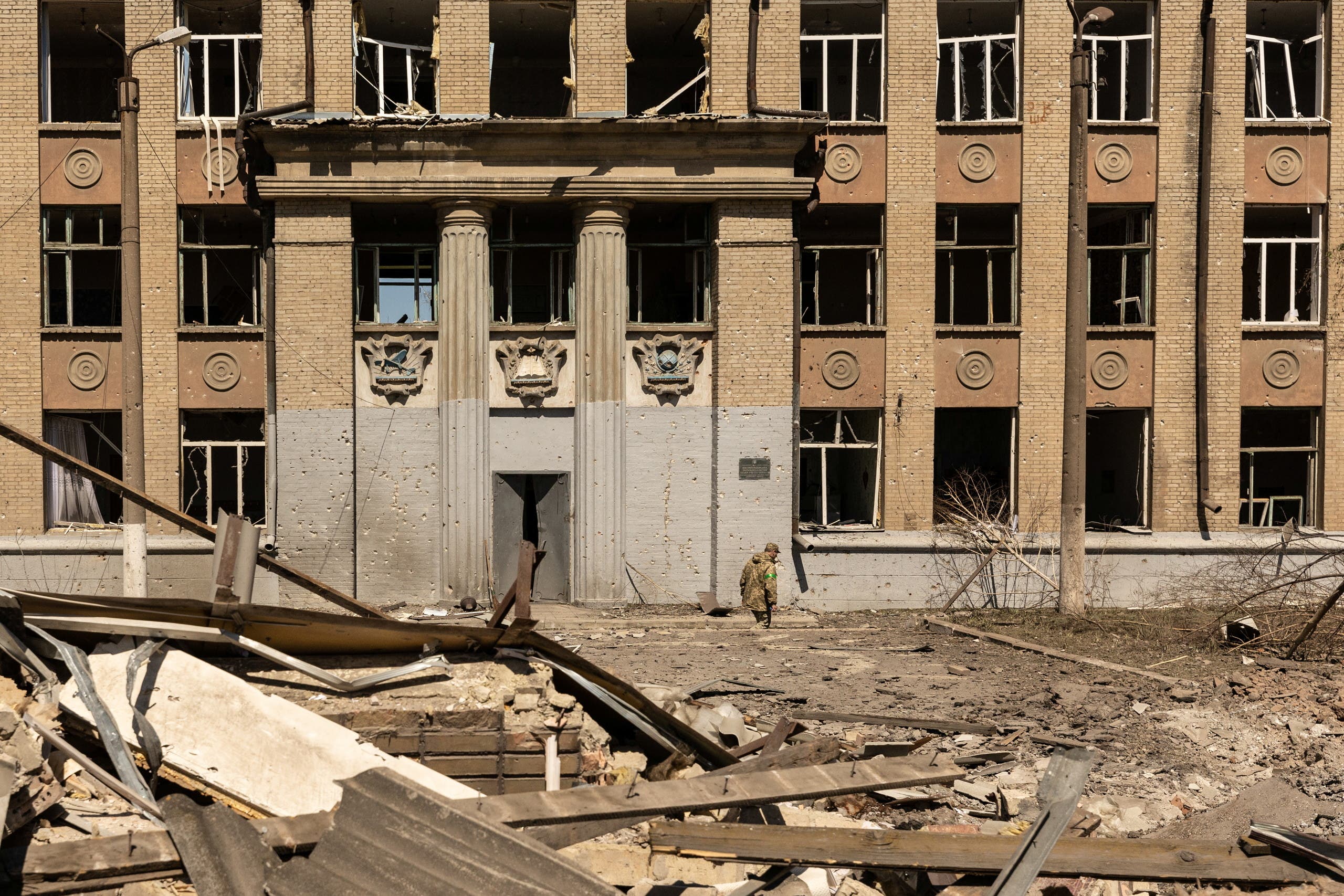 A destroyed school in Donetsk