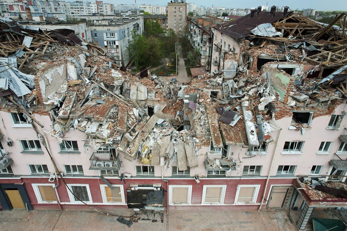 An aerial view taken on May 3, 2022 shows the destroyed Hotel Ukraine in the northern Ukrainian city of Chernigiv, amid the Russian invasion of Ukraine. (AFP)