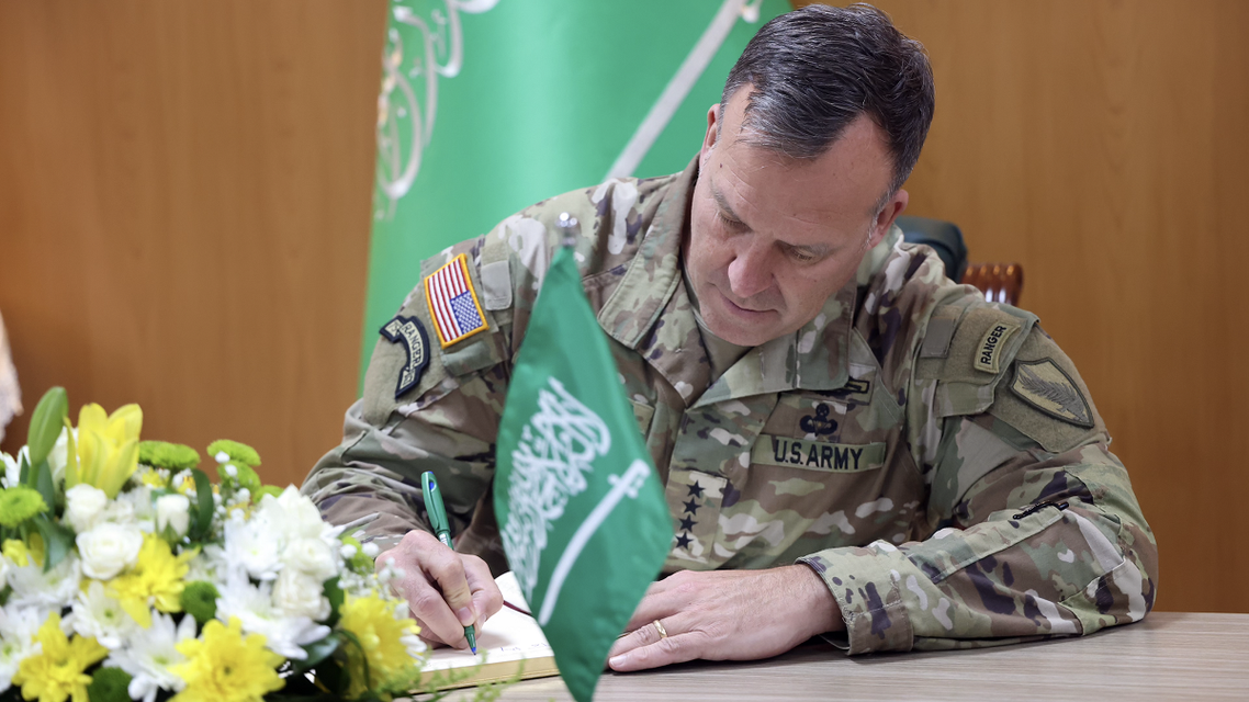 CENTCOM chief Gen. Erik Kurilla signing the guest book at the Saudi Arabian Ministry of Defense, May 11, 2022. (Supplied)