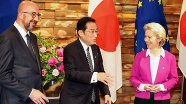European Commission President Ursula von der Leyen and European Council President Charles Michel greet Japanese Prime Minister Fumio Kishida prior to their talks at the prime minister's official residence, in Tokyo, Japan, on May 12, 2022. (Reuters)