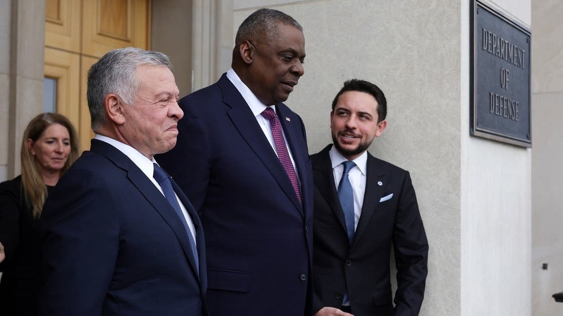  US Secretary of Defense Lloyd Austin (2nd L) welcomes King Abdullah II (L) of Jordan and his son Crown Prince Hussein bin Abdullah (R) to the Pentagon during an honor cordon May 12, 2022 in Arlington, Virginia. (AFP)