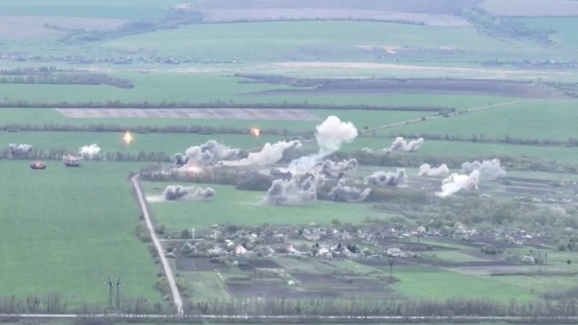 A still image shows a military strike purportedly carried out against a Russian armored military convoy in a location given as near Izium, Ukraine in this screen grab obtained from a social media video released by the National Guard Of Ukraine April 30, 2022. (Reuters)