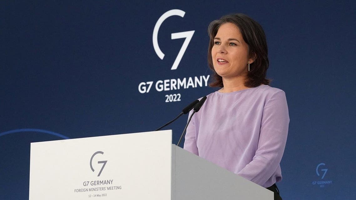German Foreign Minister Annalena Baerbock speaks at the final news conference during the G7 foreign ministers’ summit in Weissenhaeuser Strand, Germany, on May 14, 2022. (Reuters)