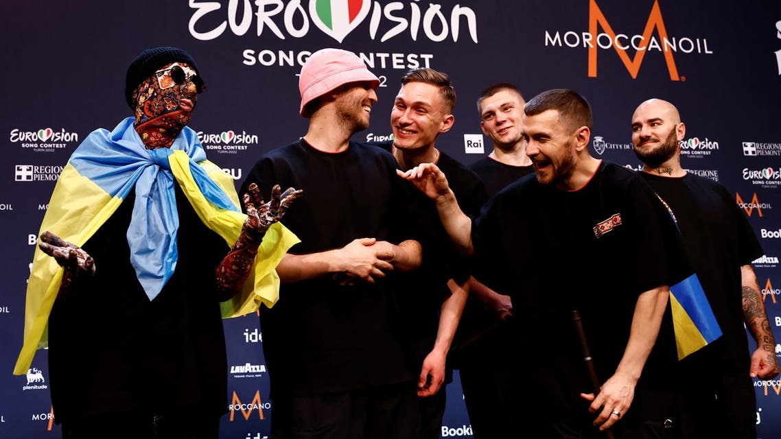 Kalush Orchestra from Ukraine pose for photographers after winning the 2022 Eurovision Song Contest, in Turin, Italy, May 15, 2022. (Reuters)