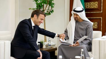 French President Emmanuel Macron meets newly-elected president of the United Arab Emirates Sheikh Mohammed bin Zayed Al Nahyan to mourn the death of Sheikh Khalifa Bin Zayed Al Nahyan at Al Mushrif Palace in Abu Dhabi, United Arab Emirates, May 15, 2022. (Reuters)