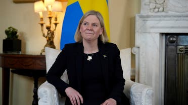 Sweden's Prime Minister Magdalena Andersson attends talks with Britain's Prime Minister at 10 Downing Street, in London, on March 15, 2022. (AFP)