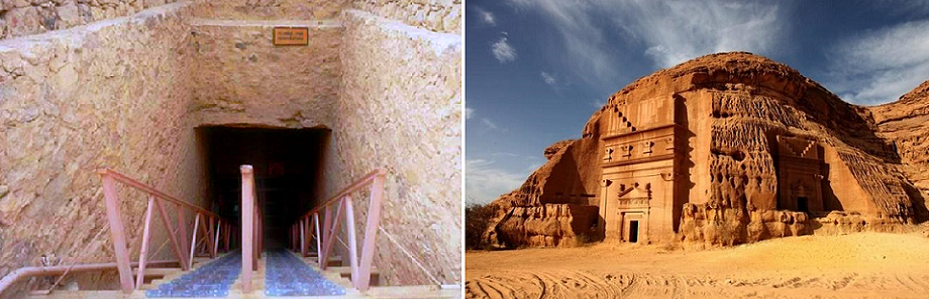 مدخل في الصخر بمدائن صالح في السعودية، والى اليسار مدخل لمقبرة فرعونية بوادي الملوك