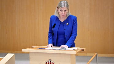 Sweden's Prime Minister Magdalena Andersson speaks during the parliamentary debate on a Swedish NATO membership, in Stockholm, Sweden May 16, 2022. (Reuters)
