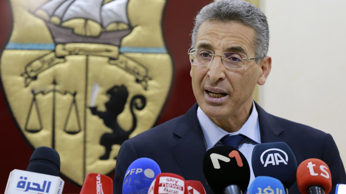Tunisian Interior Minister Taoufik Charfeddine gives a press conference on January 3, 2022 in Tunis to explain the causes of the arrest of ex-justice minister Noureddine Bhiri of the Islamist-inspired Ennahdha party. (Photo by ANIS MILI / AFP)