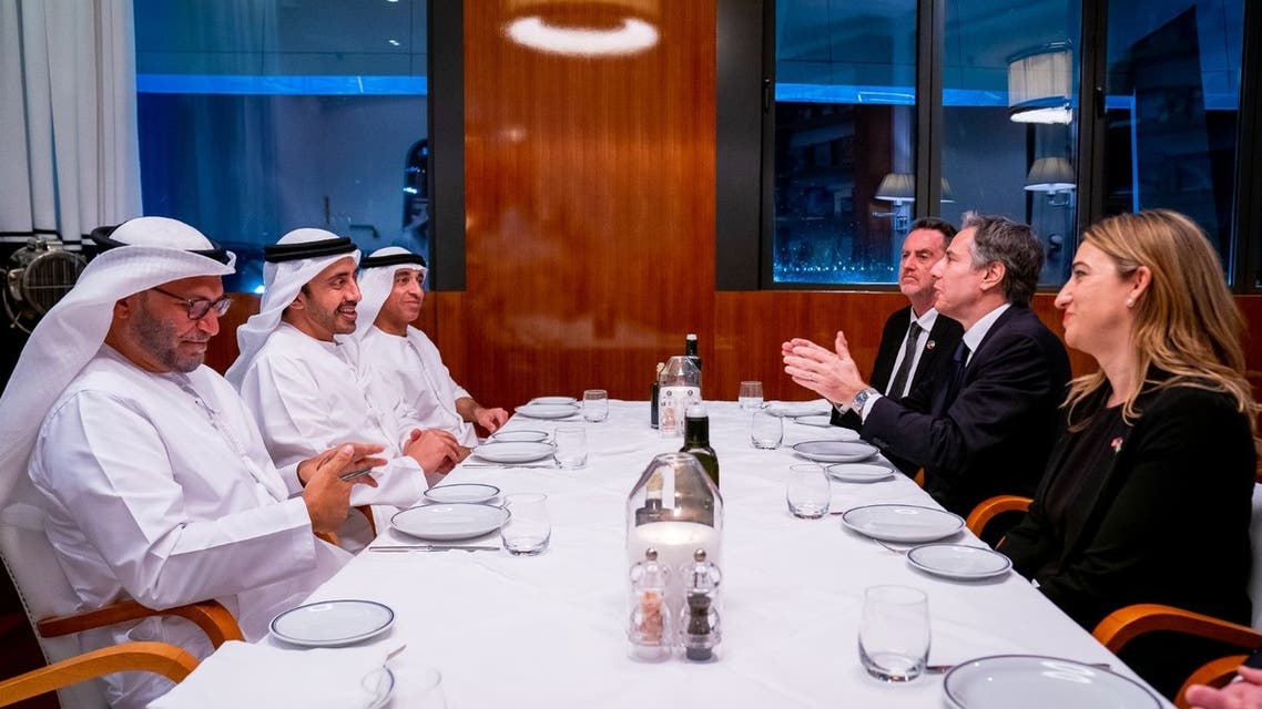 The top US and UAE diplomats met over dinner, May 16, 2022. (WAM)