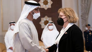 Barbara Leaf offering condolences to Sheikh Mohamed bin Zayed at the Presidential Airport in Abu Dhabi on May 16, 2022. (AFP)