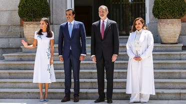 Qatari Emir Sheikh Tamim bin Hamad al-Thani and his wife Sheikha Jawaher bint Hamad bin Suhaim Al-Thani pose with Spain's King Felipe VI and Queen Letizia during their visit at Zarzuela Palace, Madrid, Spain May 17, 2022. (Reuters)