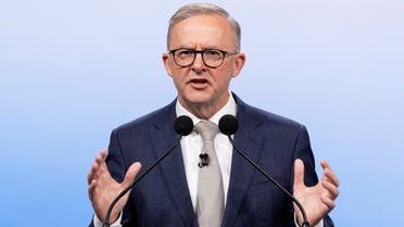 Australian Opposition Leader Anthony Albanese during the second leaders' debate of the 2022 federal election campaign at the Nine studio in Sydney, Australia, on May 8, 2022. (Reuters)