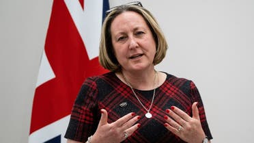 Britain’s International Trade Secretary Anne-Marie Trevelyan speaks during a joint press conference with US Trade Ambassador Katherine Tai following talks on the post-Brexit trade situation, in London, on April 26, 2022. (AFP)