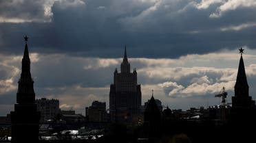 A general view shows the Russian Foreign Ministry headquarters and towers of the Kremlin in Moscow, Russia on April 26, 2021. (Reuters)