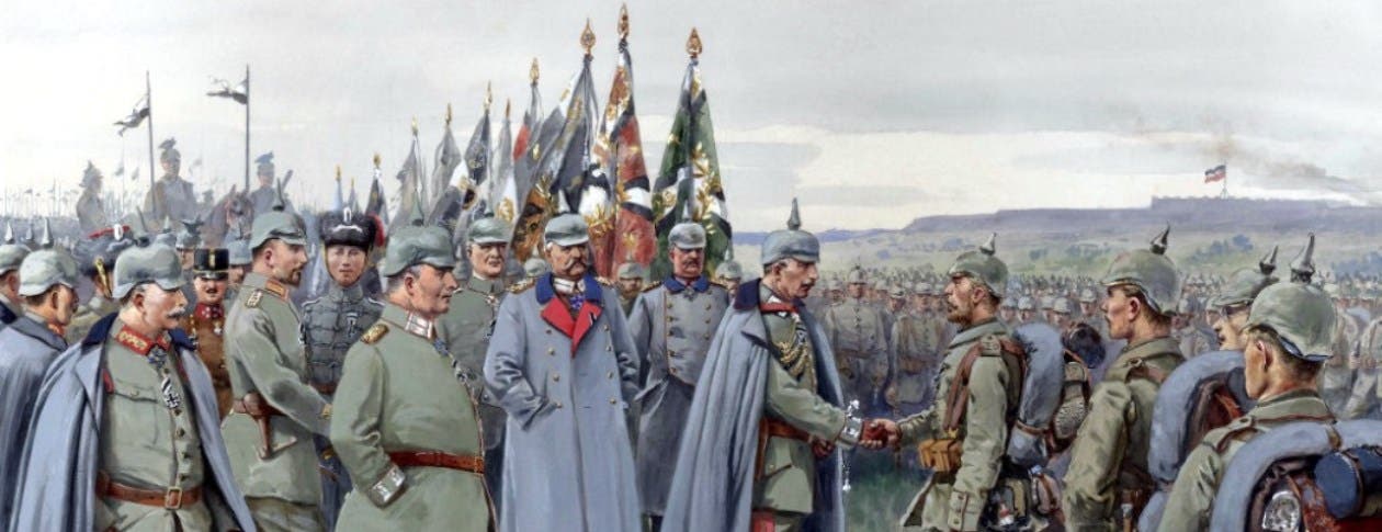 لوحة زيتية تجسد فيلهلم الثاني وهو يصافح الجنود على الجبهة