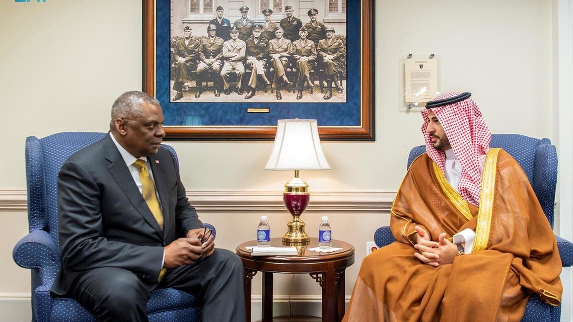 Saudi Arabia’s Deputy Minister of Defense Prince Khalid Bin Salman has met with US Secretary of Defense Lloyd Austin during his US visit to Washington. (Supplied: SPA)