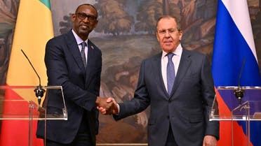 Russian Foreign Minister Sergei Lavrov and his Malian counterpart Abdoulaye Diop hold a joint press conference following their meeting in Moscow on May 20, 2022. (AFP)