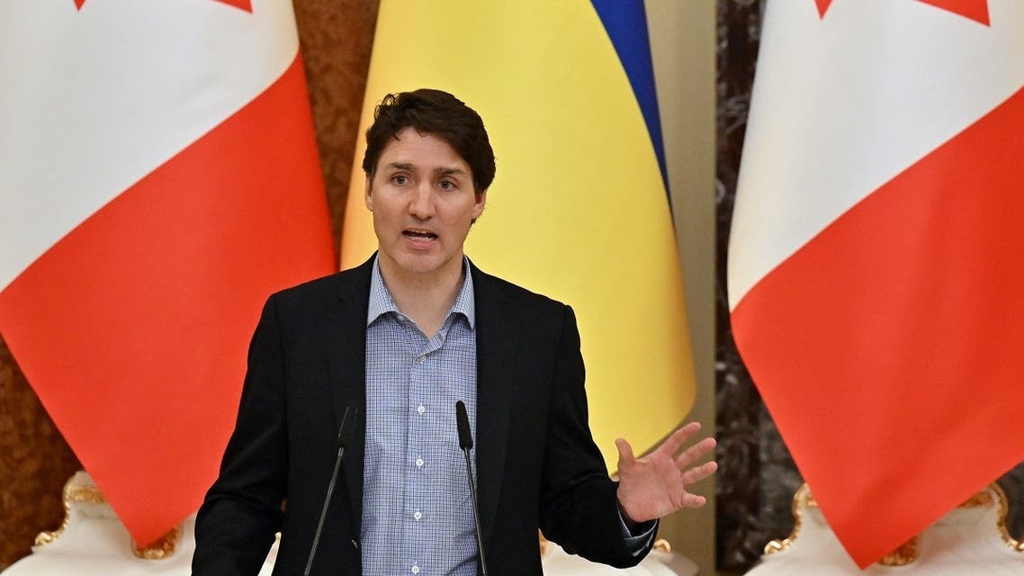 Canada's Prime Minister Justin Trudeau gestures during a joint press conference with Ukrainian President Volodymyr Zelensky in Kyiv on May 8, 2022. (AFP)