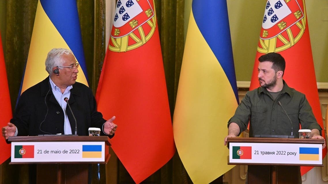 Portugal’s Prime minister Antonio Costa (L) gestures as he speaks with Ukrainian President Volodymyr Zelenskyy (R) during a press conference in Kyiv, on May 21, 2022. (AFP)