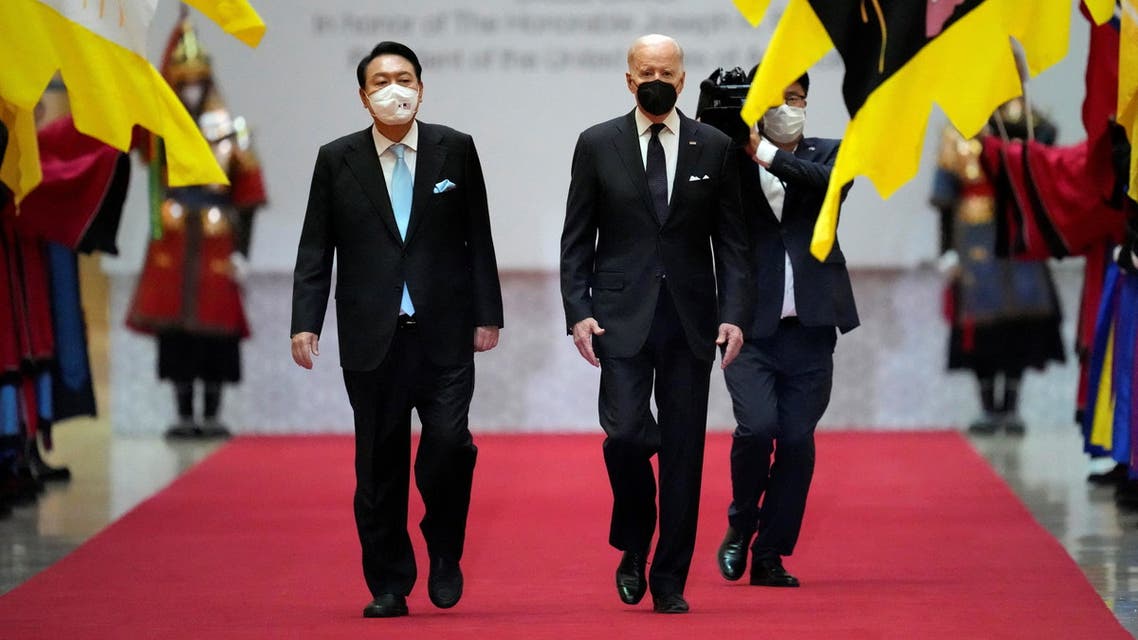 U.S. President Joe Biden and South Korean President Yoon Suk-yeol arrive for a state dinner at the National Museum of Korea, in Seoul, South Korea, May 21, 2022. (Reuters)