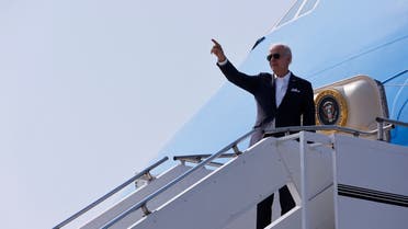 US President Joe Biden gestures as he leaves the Osan Air Base in Pyeongtaek, South Korea, on May 22, 2022. (Reuters)