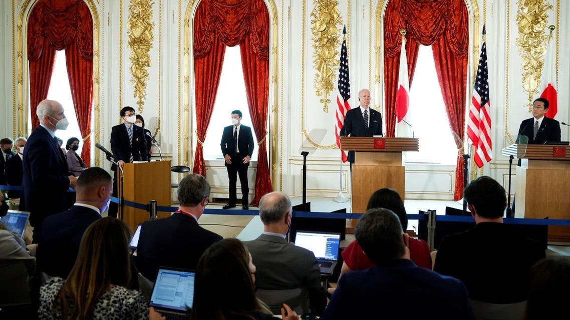 Japan’s Prime Minister Fumio Kishida and US President Joe Biden attend a joint news conference after their bilateral meeting at Akasaka Palace in Tokyo, Japan, on May 23, 2022. (Reuters)