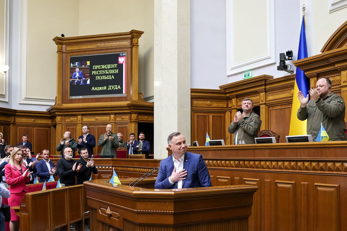 Poland's President Andrzej Duda addresses lawmakers as he became the first foreign leader to give a speech in person to the Ukrainian parliament since Russia's February 24 invasion, in Kyiv, Ukraine May 22, 2022. (Reuters)