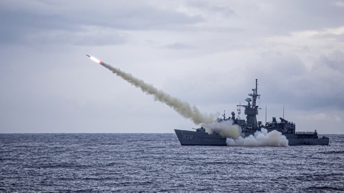 This handout picture taken on July 15, 2020 and released by Taiwan's Defence Ministry shows a warship launching a US-made Harpoon missile during the annual Han Kuang (Han Glory) military drill from an unlocated place in the sea near Taiwan. (AFP)