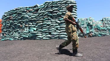  A Somalian soldier walks past a consignment of charcoal destined for the export market in Barawe October 12, 2014. (Reuters)