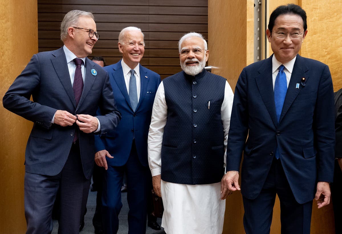 US President Joe Biden, Japanese Prime Minister Fumio Kishida, Indian Prime Minister Narendra Modi and Australian Prime Minister Anthony Albanese arrive for their meeting during the Quad Leaders Summit at Kantei in Tokyo on May 24, 2022. (AFP)
