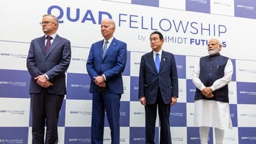 US President Joe Biden (L), Japanese Prime Minister Fumio Kishida and Indian Prime Minister Narendra Modi (R) attend the Japan-US-Australia-India announcing the Quad Fellowship, during the Quad Leaders Summit at Kantei in Tokyo on May 24, 2022. (AFP)