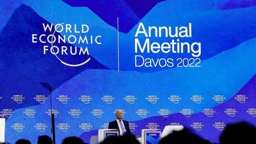 Swiss President Ignazio Cassis and Founder and Executive chairman Klaus Schwab address attendees of the World Economic Forum (WEF) opening ceremony in Davos, Switzerland May 23, 2022. (Reuters)
