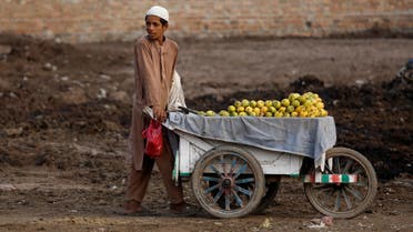 A boy pushes a cart as he is selling mangoes along a street in Peshawar, Pakistan July 19, 2019. REUTERS/Fayaz Aziz