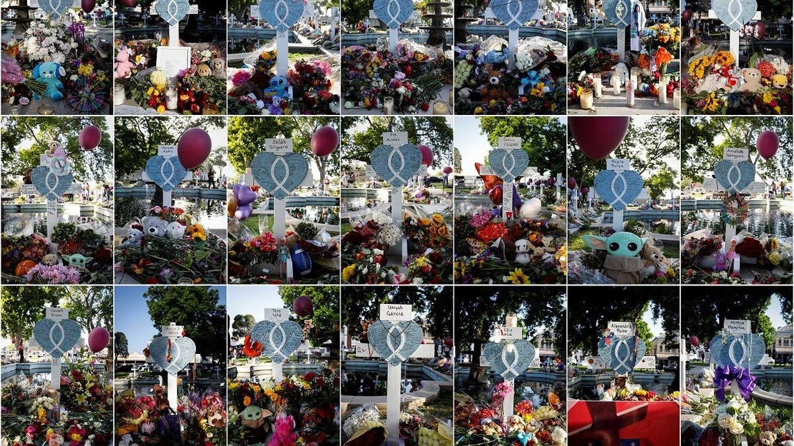 A combination picture shows memorial crosses for the victims of the mass shooting at Robb Elementary School at a memorial in Town Square in front of the county courthouse in Uvalde, Texas, US on May 27, 2022. (Reuters)