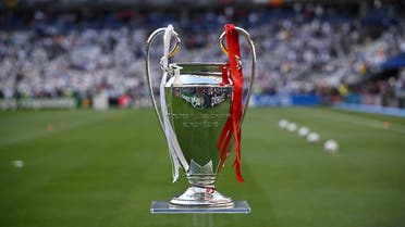 General view of the Champions League trophy on a plinth inside the stadium before the match, May 29, 2022. (Reuters)