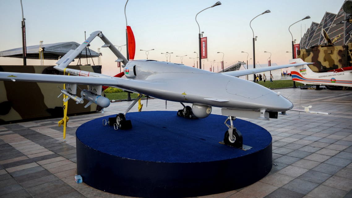A Bayraktar TB2 unmanned combat aerial vehicle is exhibited at the Teknofest aerospace and technology festival in Baku, Azerbaijan May 27, 2022. (Reuters)