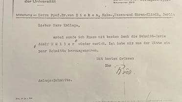 Patient Adolf Müller, code name for Hitler, who was operated on by Carl Otto von Eicken in 1935 on the vocal cords. Personal file of Carl Otto von Eicken. (Credit: University Archives of the Humboldt University, Berlin)