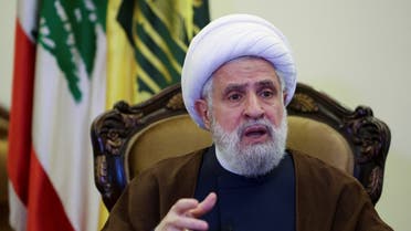 Lebanon's Hezbollah deputy leader Sheikh Naim Qassem speaks during an interview with Reuters in Beirut's suburbs, June 6, 2022. (Reuters)