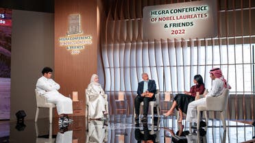 L to R: Faisal al-Khwaiter and Rasha Alnaji al-qahtani, students in the Mawhiba program for gifted youths, Saudi Arabia; Richard Attias, Curator of the Hegra Conference of Nobel Laureates & Friends 2022 and CEO of the FII Institute; Asrar Damdam, Ph.D candidate, King Abdullah University of Science and Technology (KAUST), and CEO, Uvera, Saudi Arabia; and Khaled Farhan Al-Faqeri, student of Languages & Translation, Taibah University, Saudi Arabia. (Supplied)