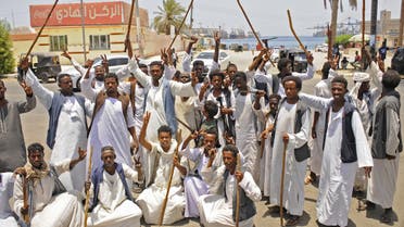 Protesters of Sudan's Beja Optical Council stage a sit-in outside the secretariat general of the Red Sea State's government, in the city of Port Sudan on June 7, 2022. (Photo by AFP)