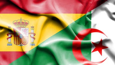 Algeria and Spain two flags together realations textile cloth fabric texture stock photo